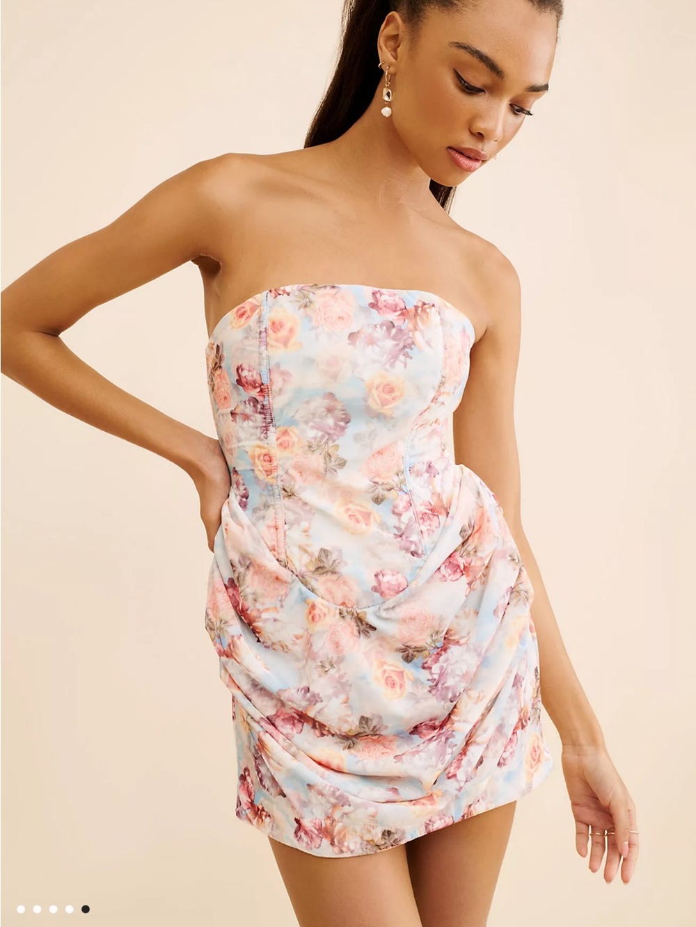 For Love & Lemons Strapless Floral Mini Dress in Pastel Pink and Blue velvet S